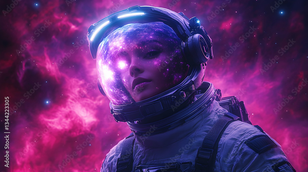 Astronaut's helmet reflects nebula, cosmic scene. Mysterious, glowing eyes Astronaut's helmet reflects nebula, cosmic scene. Mysterious, glowing eyes