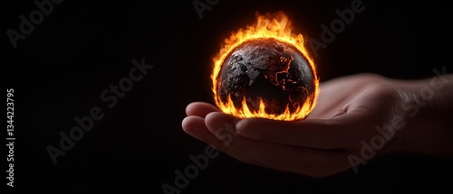 A hand holds a fiery globe, symbolizing climate change and environmental concern.