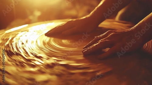 Hands shaping clay on a pottery wheel, illuminated by warm light.