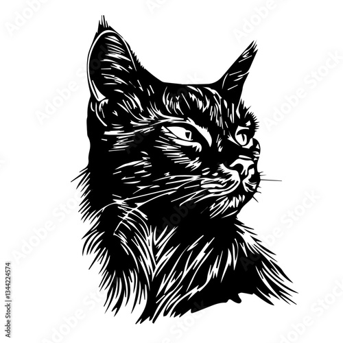cat in woodcut style, vector illustration, white background. Vector illustration