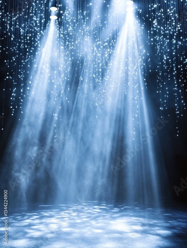 Stage lights backdrop, stage with a cascade of light beams, vertical and diagonal, white and blue tones, sharp contrastse, lighting with smoke background