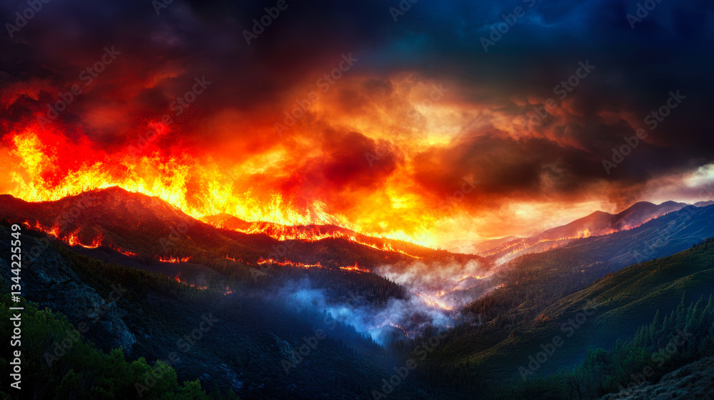 Naklejka premium A captivating landscape showcases a fierce wildfire raging across mountains, with intense flames illuminating the dark clouds, creating a dramatic scene of nature’s raw power and danger.