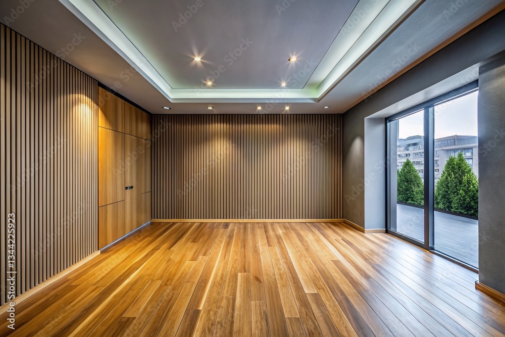 Obraz premium Minimalist Zen Interior: Empty Room with Wooden Panel Walls & Parquet Floor