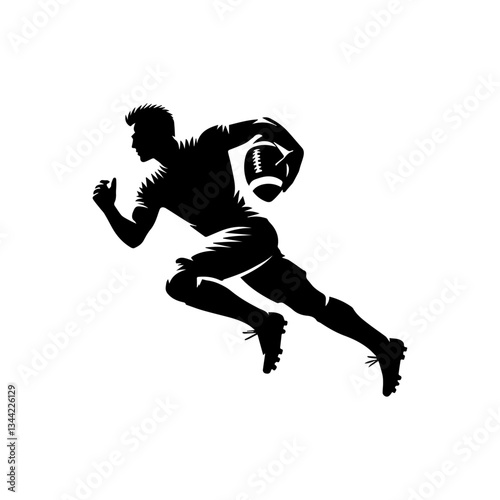 A black and white silhouette of a male rugger player, vector illustration