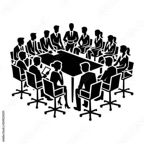 A black silhouette illustration of attendees in a meeting
