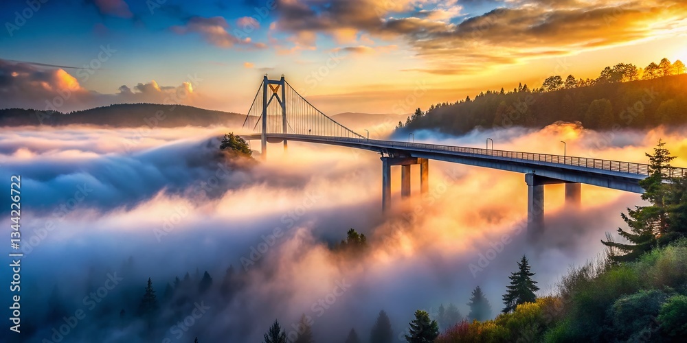 Obraz premium Misty Bridge Landscape: Foggy River, Scenic Crossing, Atmospheric View