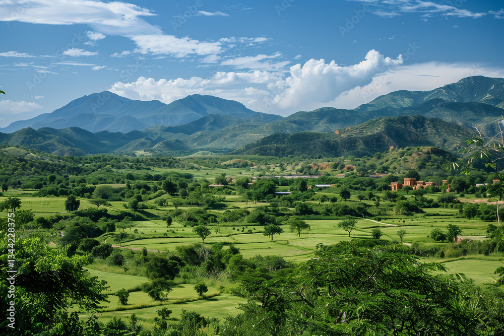 Fototapeta premium rural landscape is characterized by a large plateau nestled in hill countryside offering sweeping vistas a patchwork of fields and a sense of serenity