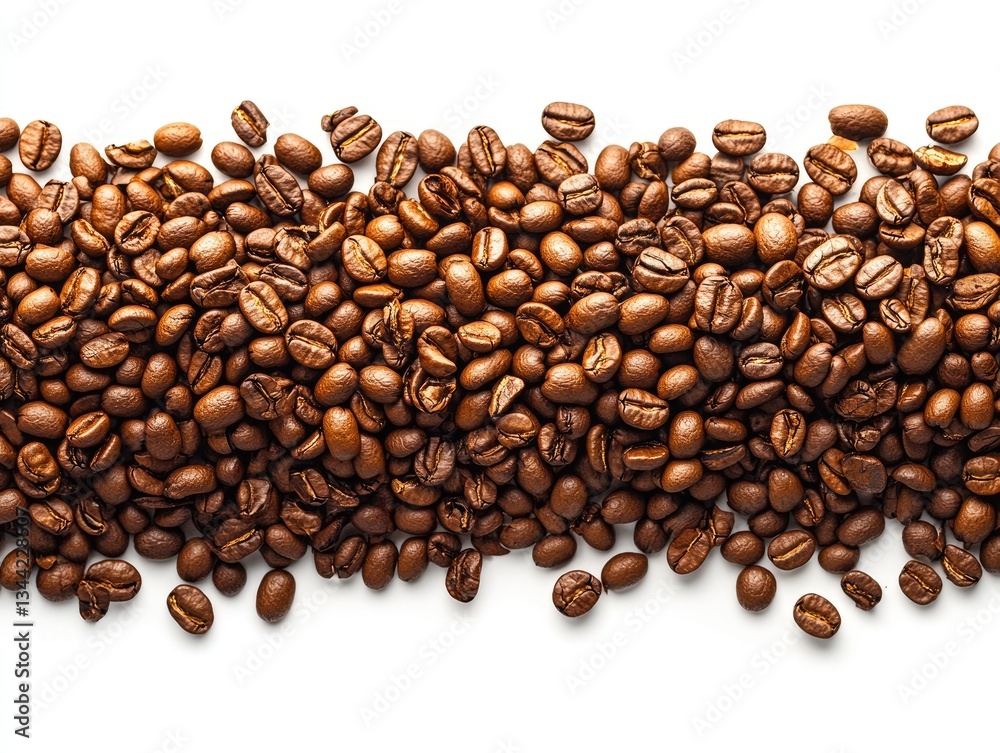 Fototapeta premium Roasted coffee beans scattered on white. Perfect for coffee shop menus, packaging, or beverage websites.