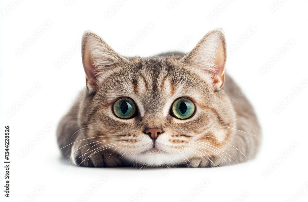Close-up of a curious cat with striking green eyes lying on a white background, showcasing its playful nature Close-up of a curious cat with striking green eyes lying on a white background, showcasing its playful nature