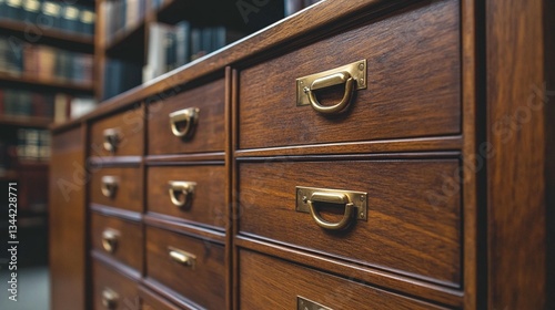 Close-up of a rich, dark wood cabinet with brass drawer pulls, in a library setting.