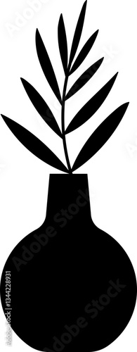 leaves in vase silhouette flat vector illustration.
Plant in Abstract modern pottery silhouette.
Nordic style vase with leaves silhouette isolated.
Good for greeting card,poster, craft and DIY.
