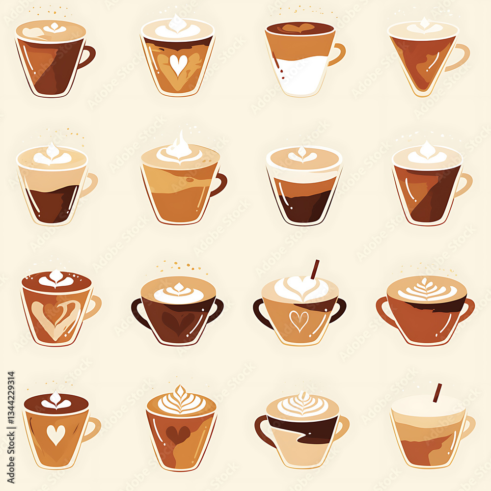 seamless pattern Realistic and artistic illustrations of coffee beans, brewing equipment, coffee cups for background or wallpaper