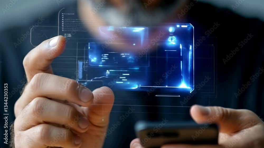 Man using futuristic holographic interface with digital data visualization. Technology innovation, transparent screens. Business analytics, data science. Digital transformation, fintech solutions