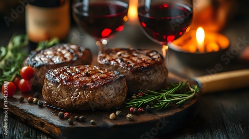 Grilled beef tenderloin steaks with red wine, rosemary sprigs, and peppercorns on rustic wooden board. Romantic dinner setting with candlelight creates cozy atmosphere.