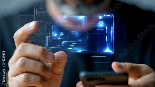 Man using futuristic holographic interface with digital data visualization. Technology innovation, transparent screens. Business analytics, data science. Digital transformation, fintech solutions
