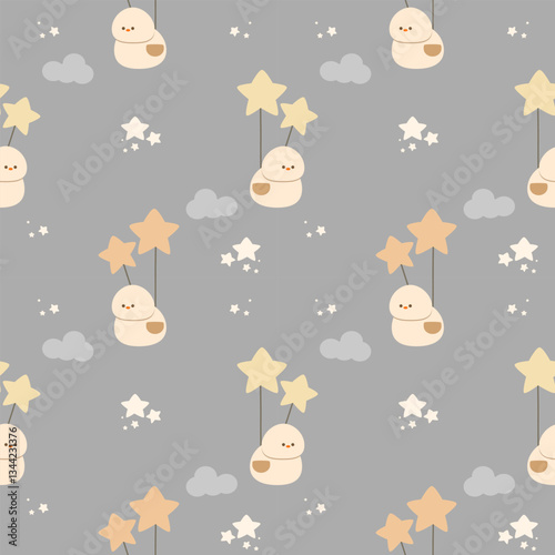 Duck play balloon star cartoon so cute. On star cloud gray background. Pattern seamless vector illustration. 