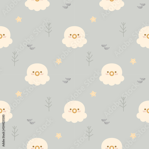 Squid cartoon so cute. On seaweed fish starfish background. Pattern seamless vector illustration. 