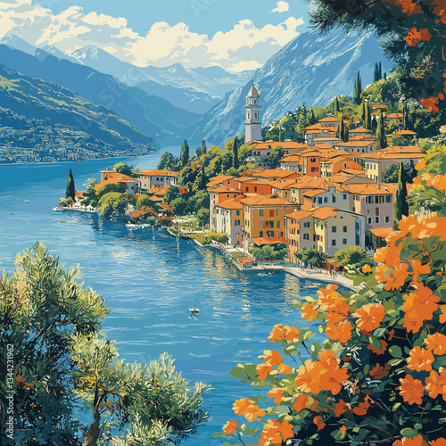Vector illustration of an idyllic Mediterranean lakeside village framed by vibrant flowers, lush greenery, calm blue waters, and mountains