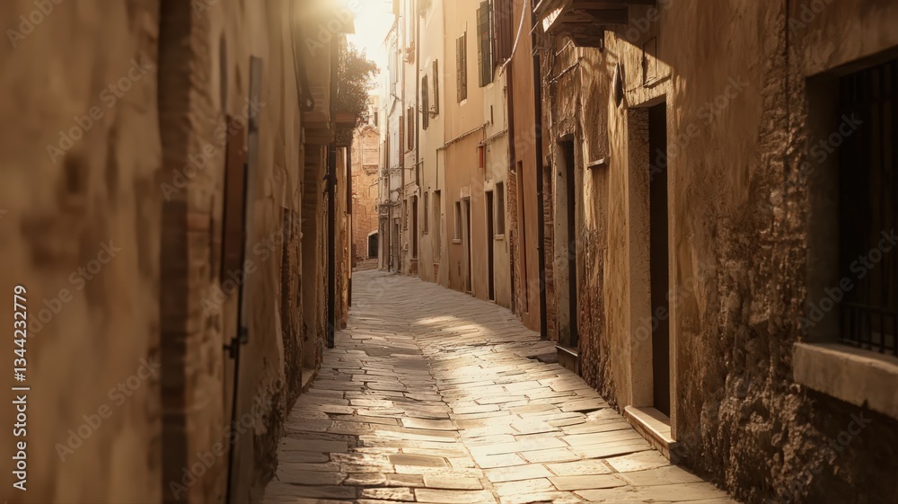 Fototapeta premium Sunlit Stone Alleyway in Historic European Town