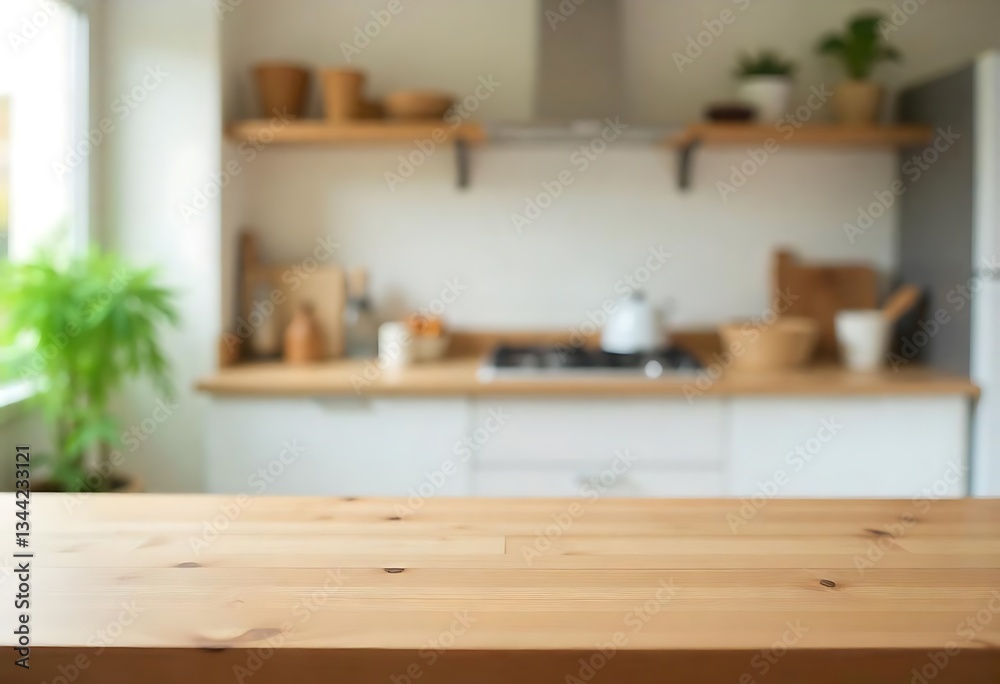 Generative AI, A Cozy Kitchen Interior with Focus on Wooden Tabletop, Blurry Background and Natural Light Generative AI, A Cozy Kitchen Interior with Focus on Wooden Tabletop, Blurry Background and Natural Light