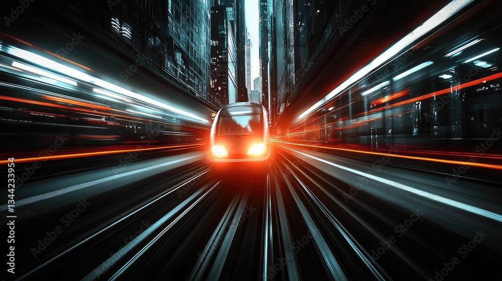 Fototapeta premium High-speed train racing through a futuristic cityscape at night