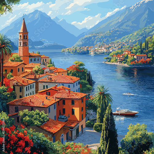 Vector illustration of a picturesque Mediterranean lakeside village with colorful buildings, a bell tower, lush greenery, and mountain views