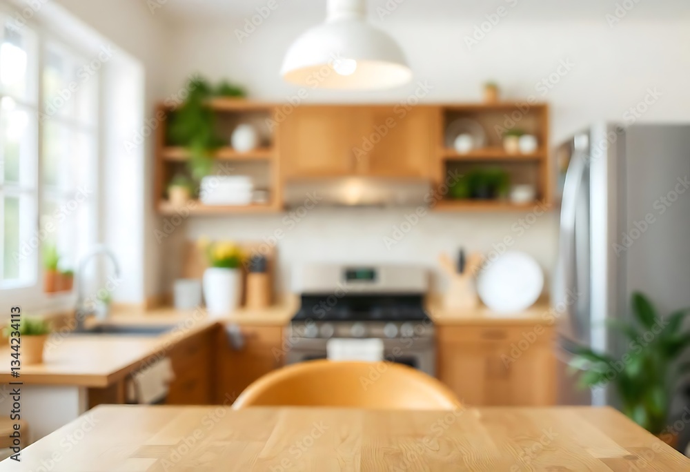 Fototapeta premium Generative AI A Bright and Airy Kitchen Scene with Focus on the Wooden Table, natural and inviting space