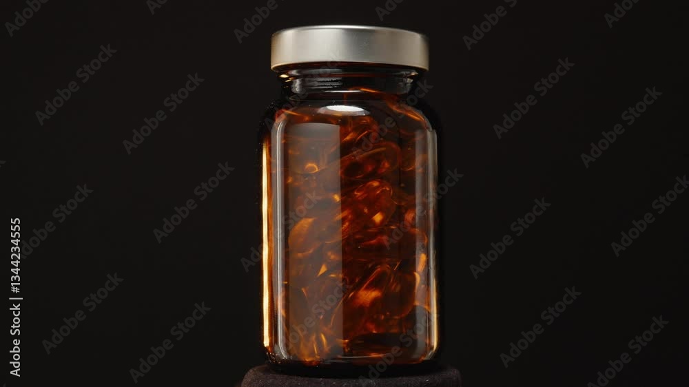 Looping 360-Degree Rotation of a Transparent Brown Glass Bottle Filled with Omega 3 Capsules Against a Dark Background with Warm Light Reflections