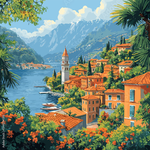 Vector illustration of a charming Mediterranean lakeside village with colorful houses, a bell tower, lush greenery, and scenic mountains