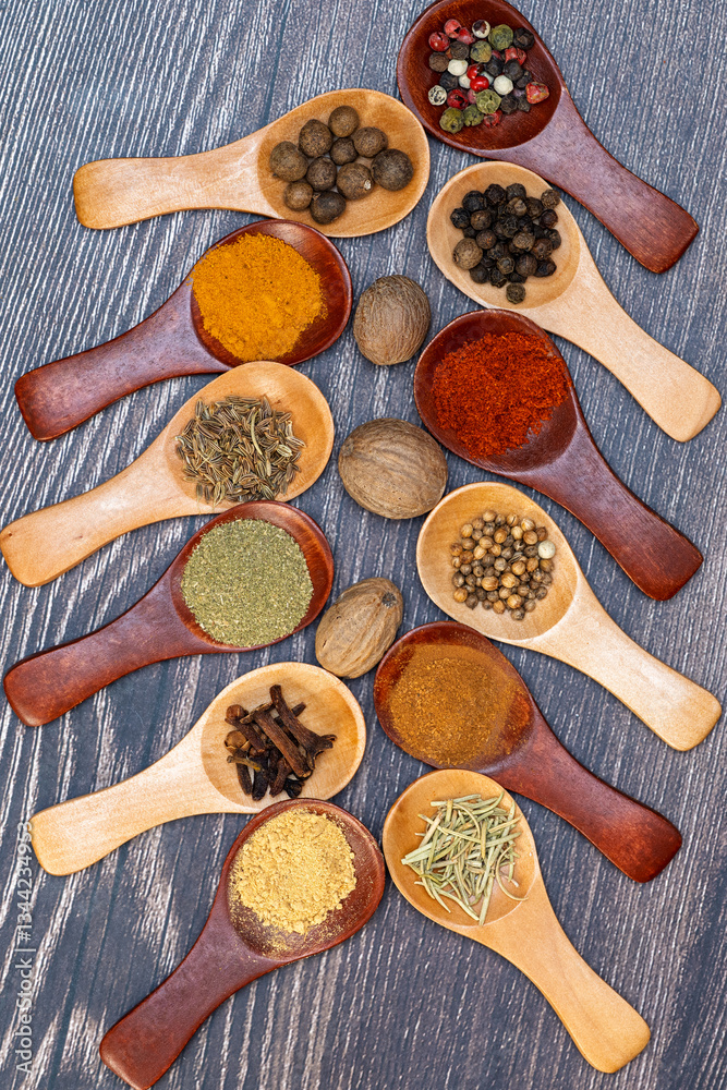 spice mix in wooden spoons