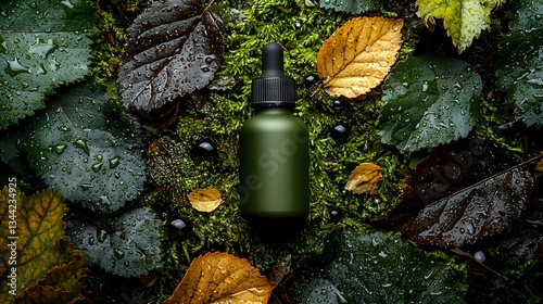 Green cosmetic dropper bottle on dark wet leaves and moss background, natural skincare concept with autumn foliage and water drops for organic beauty product photography.