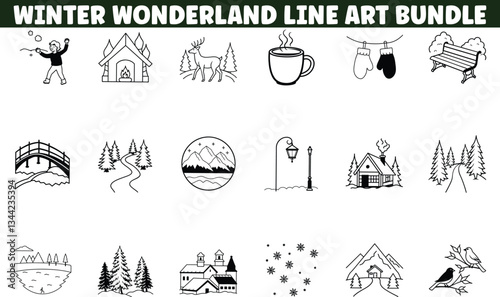 Winter Wonderland Line Art Bundle Cozy Cabin, Snow, Deer, Fun