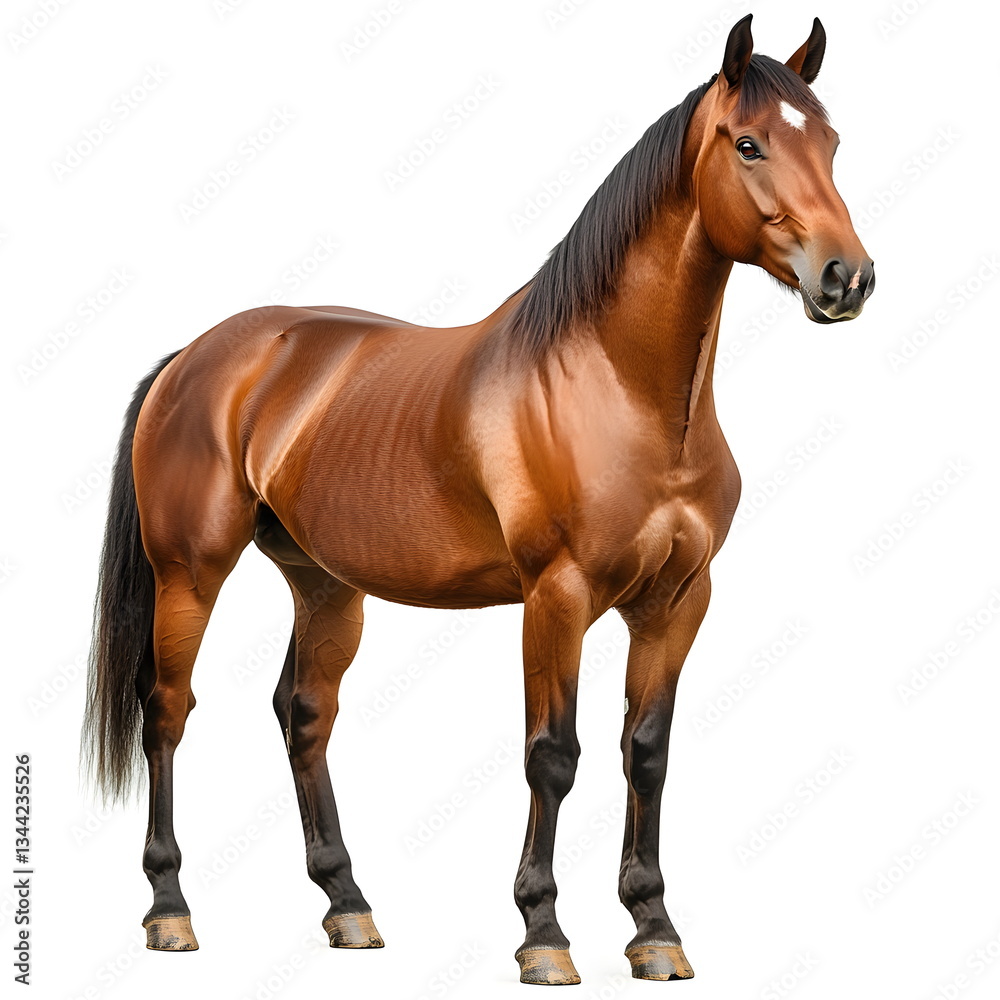 Obraz premium A majestic chestnut stallion stands in full profile, its muscular build and flowing black mane exuding strength and elegance. High-resolution, realistic portrait on a white background, perfect for