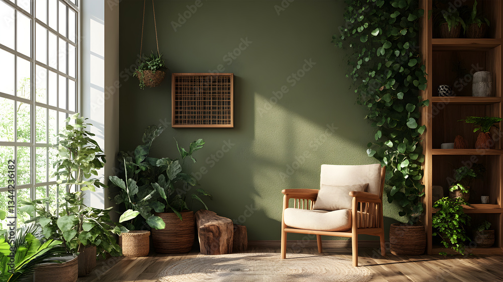 Fototapeta premium Nature-Inspired Interior Room with Wooden Furniture and Leaf Accents