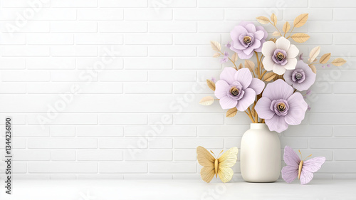 beautiful arrangement of light purple flowers in white vase, complemented by delicate butterflies, set against clean white brick wall. This serene scene evokes sense of calm and elegance