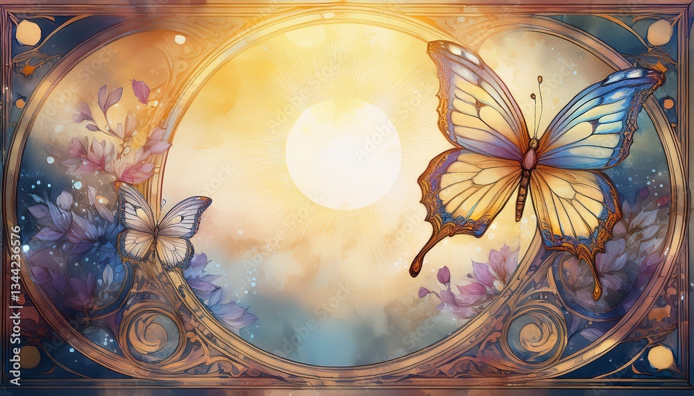 fancy and magical butterfly border frame with beautiful sun and glowing background; Graphic resource fancy and magical butterfly border frame with beautiful sun and glowing background; Graphic resource