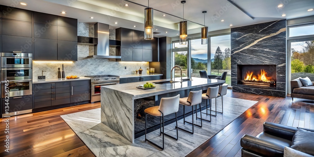 Obraz premium Modern Home Exterior & Interior Design: Marble Fireplace, Black Granite Kitchen