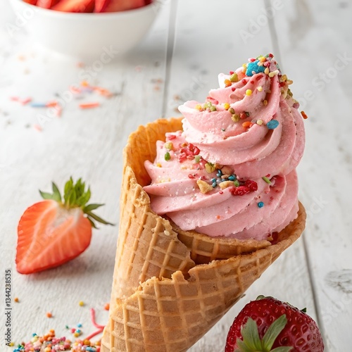 strawberry ice cream cone with some strawberry on table