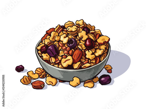 Granola with nuts and raisins isolated on white background