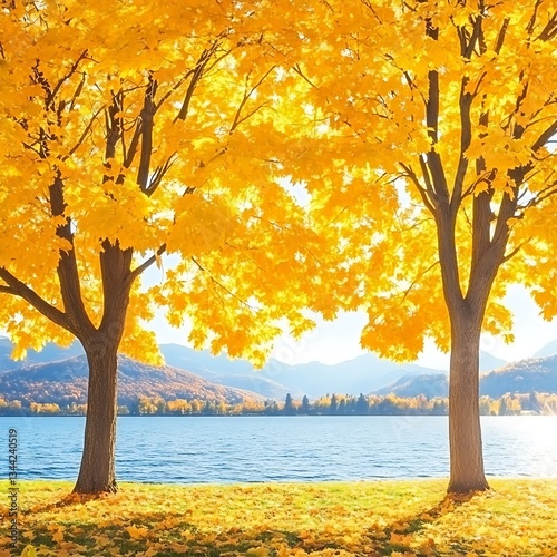 Two trees with golden leaves frame a scenic lakeside vista