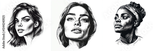striking portrait series featuring three women, showcasing diverse beauty through detailed pencil drawings with bold black strokes