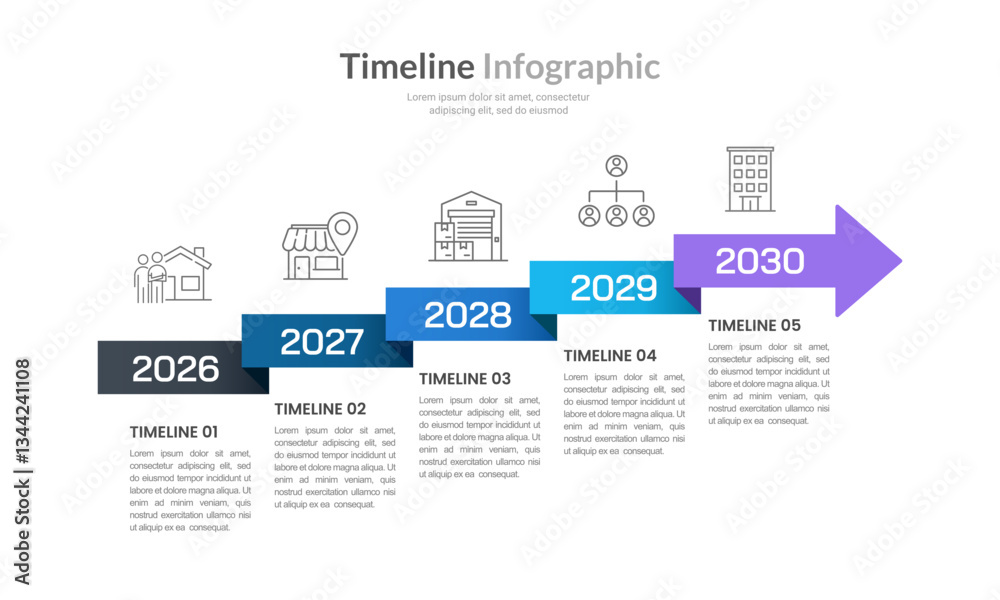 5 Steps infographic timeline arrow design template. Business Presentation, Plan, Milestone and Strategy. Vector illustration.