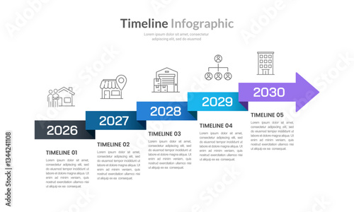 5 Steps infographic timeline arrow design template. Business Presentation, Plan, Milestone and Strategy. Vector illustration.