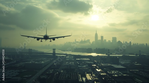 A commercial airplane approaches landing over a city skyline at sunset. The urban landscape, bridges, and skyscrapers are silhouetted against a cloudy sky.