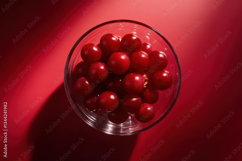 Strawberries in glass bowl with monochromatic red tones and negative space on top Strawberries in glass bowl with monochromatic red tones and negative space on top