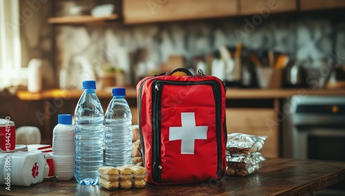Emergency preparedness supplies on a kitchen table