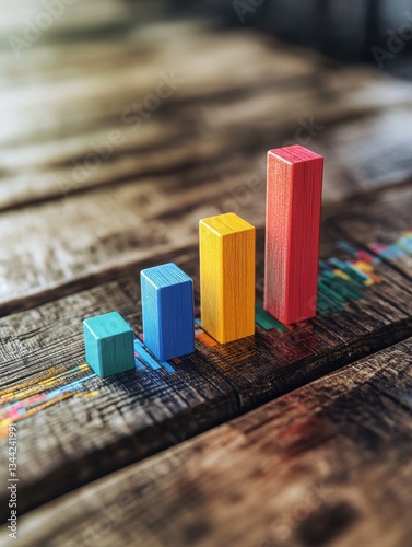 Business performance is visualized on a wooden surface using colorful bar charts showing steady growth.