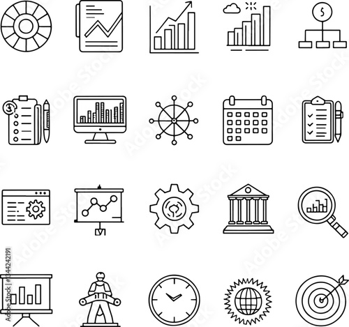 SEO Analytics Icon Set - Black Line Business, Marketing, Data, Web Optimization Outline Collection