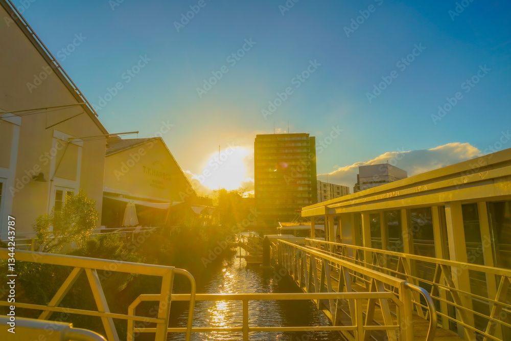 夕日が照らす建物