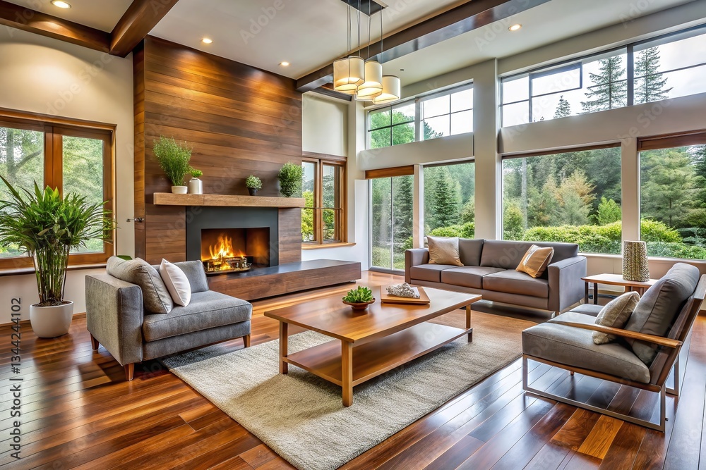 Obraz premium Modern Living Room with Wooden Fireplace & Accents - Cozy Interior Design Stock Photo